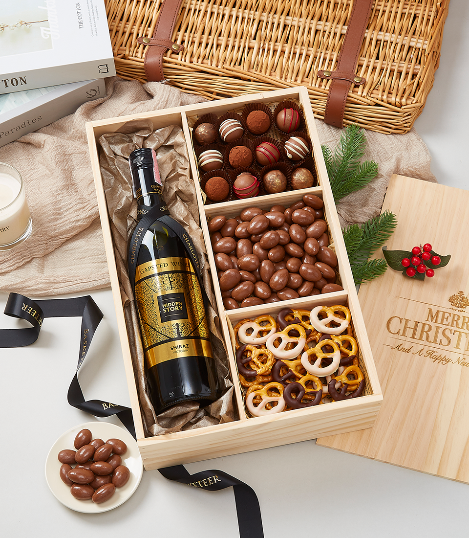 Exquisite Wooden Crate filled with Wine and Delectable Sweets