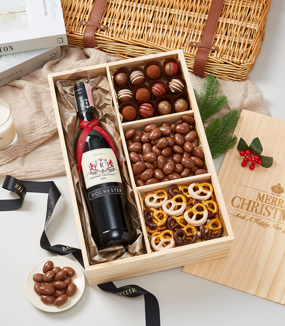 Luxurious Gourmet Goodies and Rochester Cabernet Sauvignon 2022 in a Rustic Wood Box