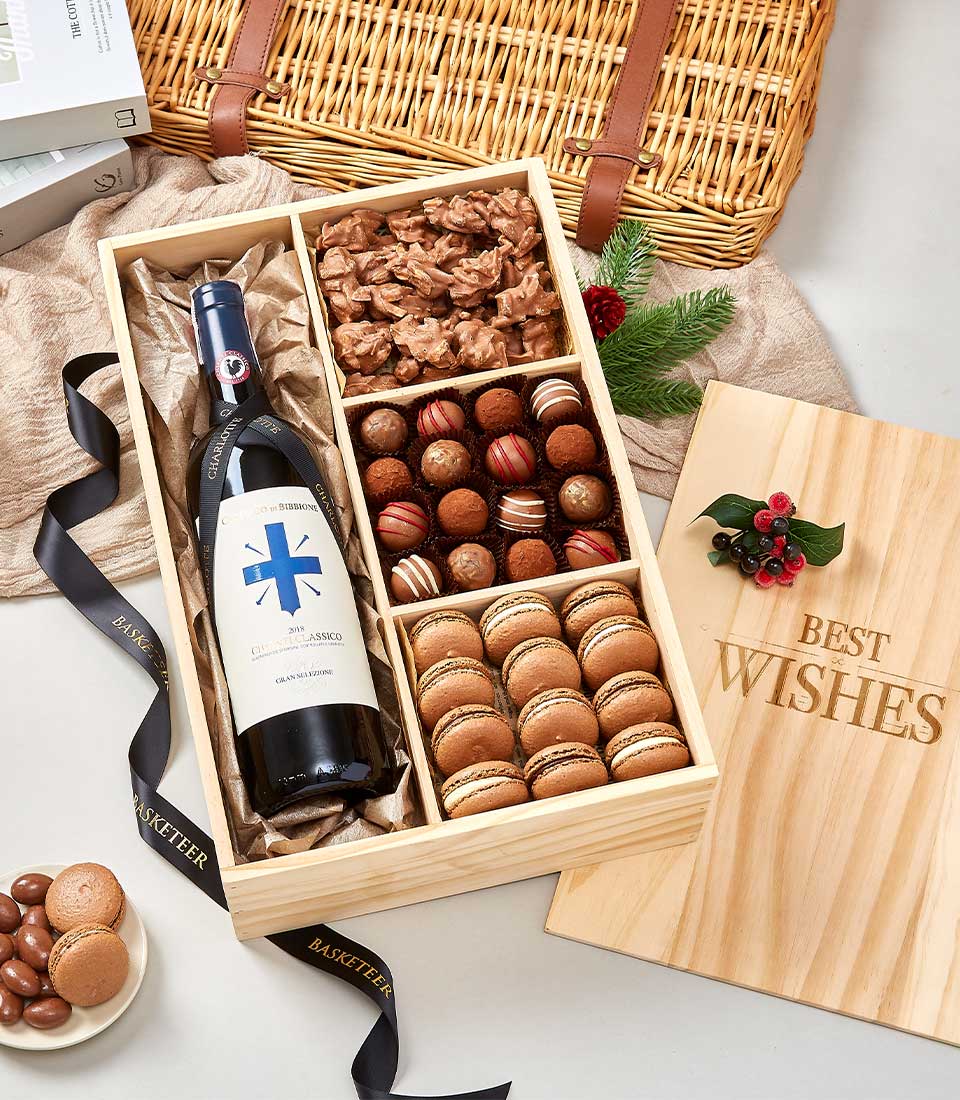 Elegant Wine With Chocolate and Macarons Wooden Box