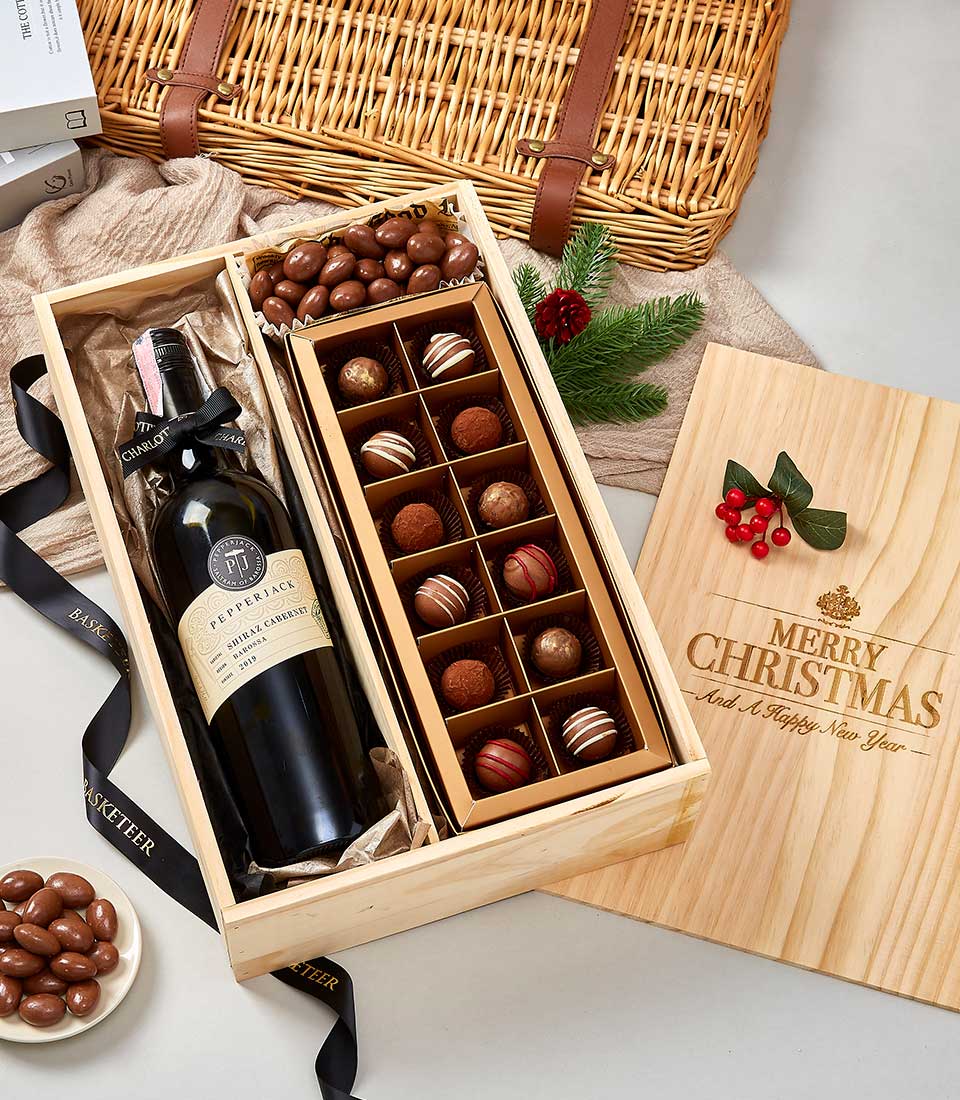 PEPPERJACK Shiraz Cabernet Barossa Wine and Chocolate Wooden Box