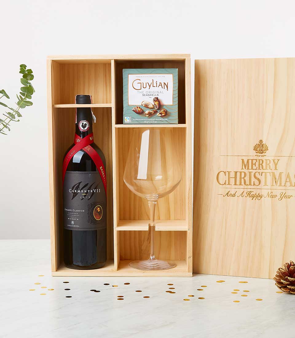 Single Wine with Glass & Chocolate In Pine Wood Box