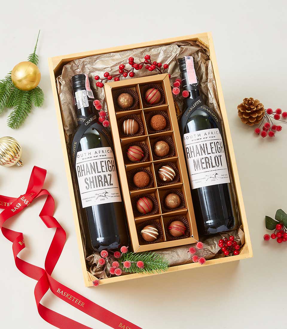 wine Shiraz and wine Merlot with chocolate in the wood gifts box