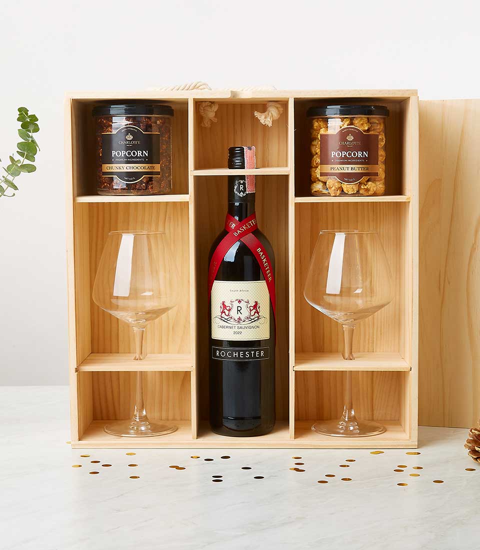 Wine with Two Wine Glass & Snack Foods In Pine Wooden Box
