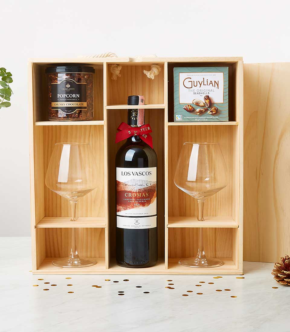 Wine with Two Wine Glass & Snack Foods In Pine Wooden Box