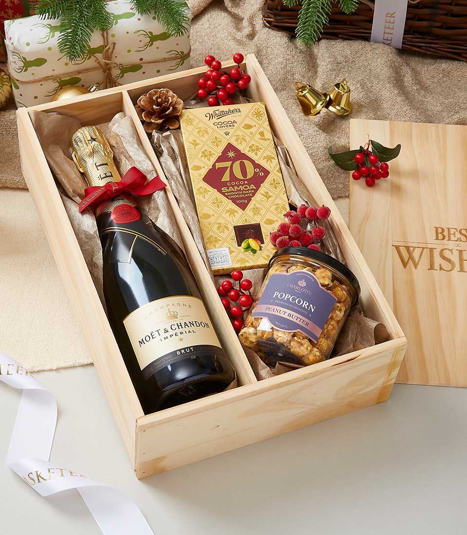 Epicurean Pine Box with Wine and Chocolate