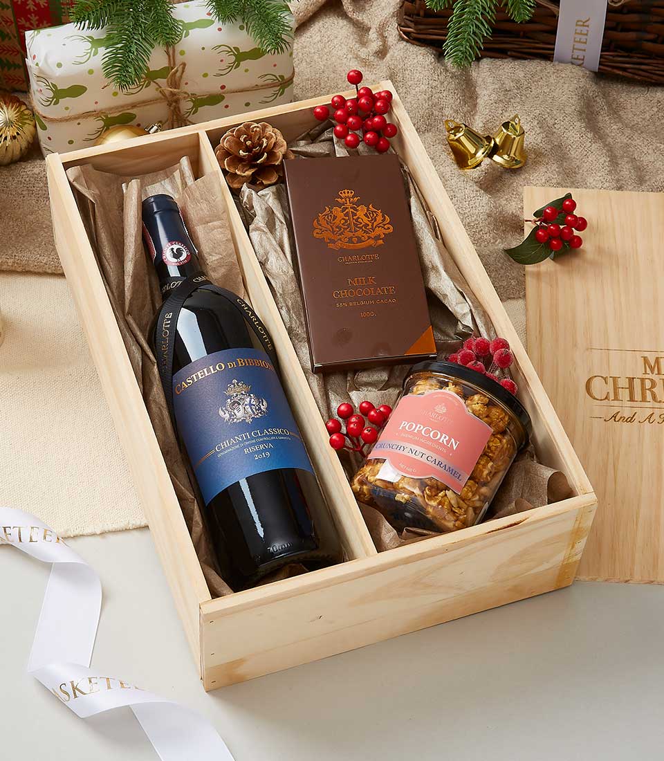 Castello Di Bibbione Riserva 2019 Wine and Chocolate In Wooden Box