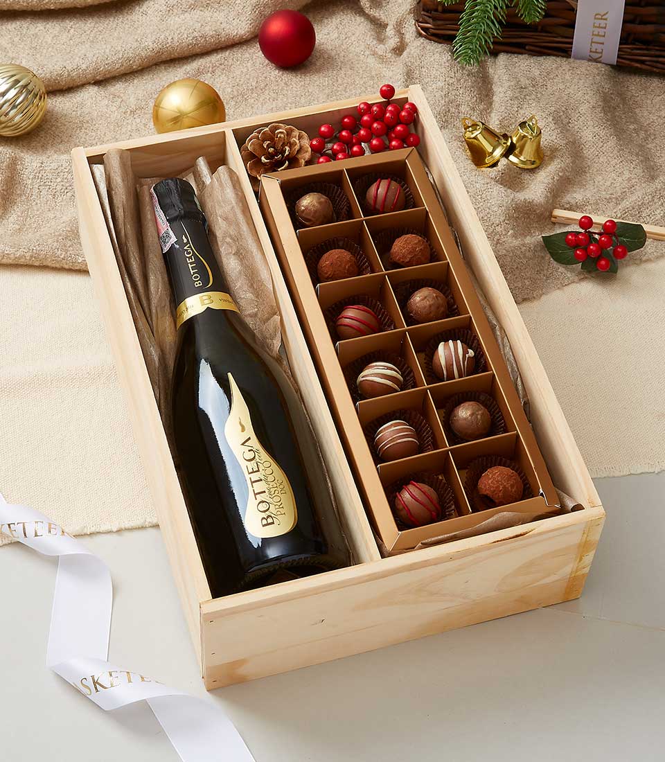 Bottega Prosecco Doc Brut Wine and Chocolate In Wooden Box