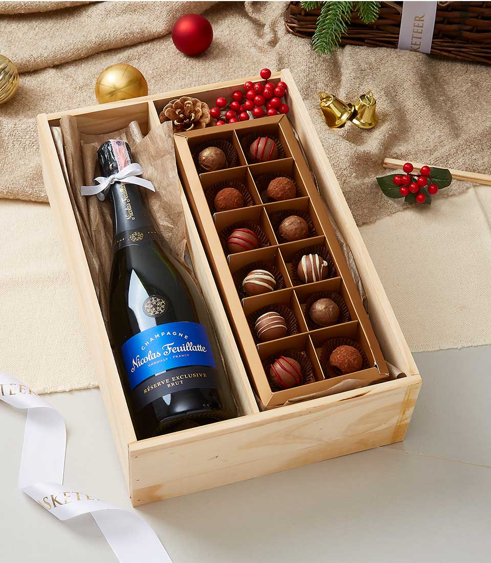 Nicolas Feuillatte Champagne Brut Wine and Chocolate In Wooden Box