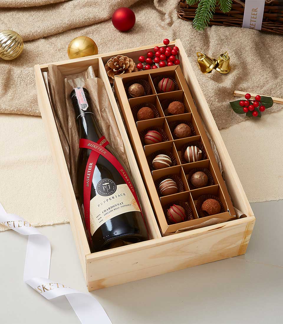 PEPPERJACK Chardonnay Adelaide Hills. Padthaway Wine and Chocolate In Wooden Box
