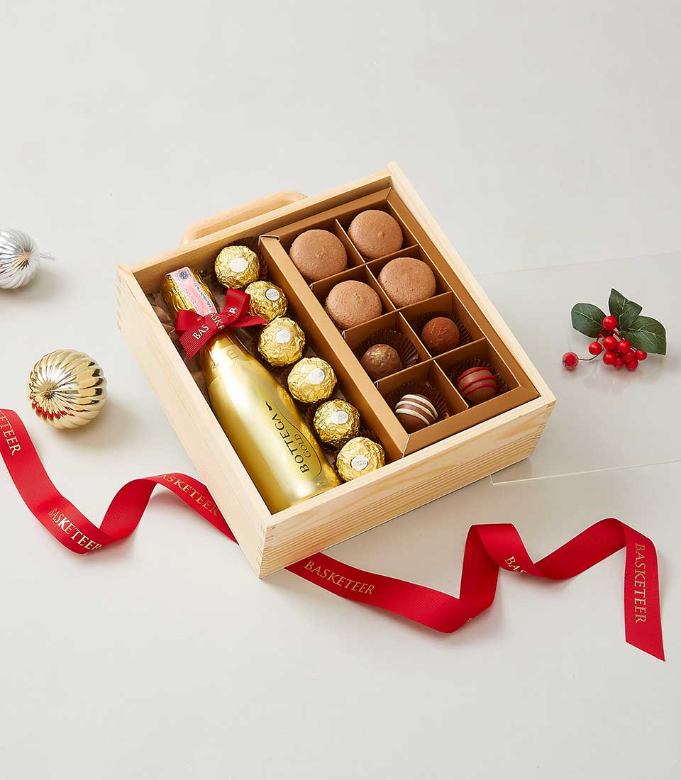 Wine With Macarons and Chocolate In The Wooden Box.