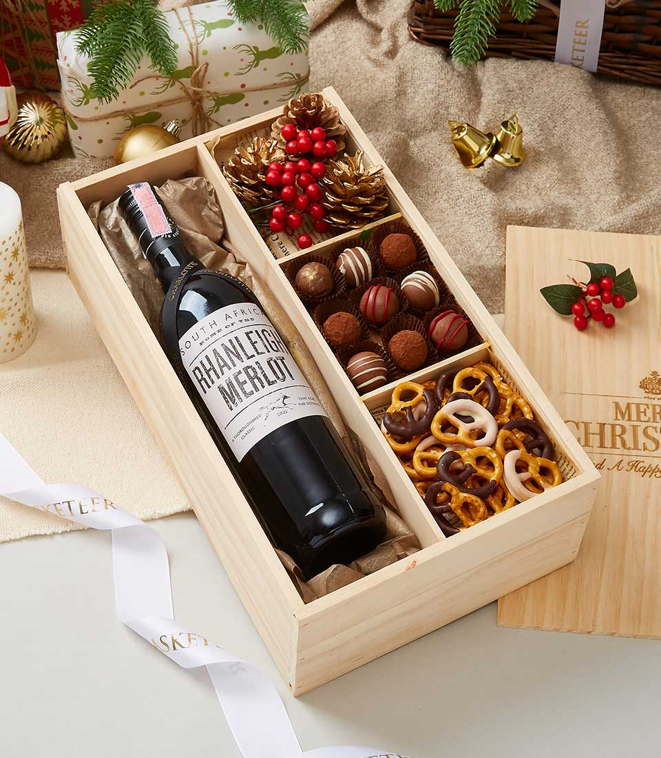 Rhanleigh Merlot 2022  Wine and Chocolate In Wooden Box