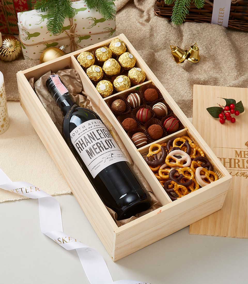 Rhanleigh Merlot 2022 Wine and Chocolate In Wooden Box