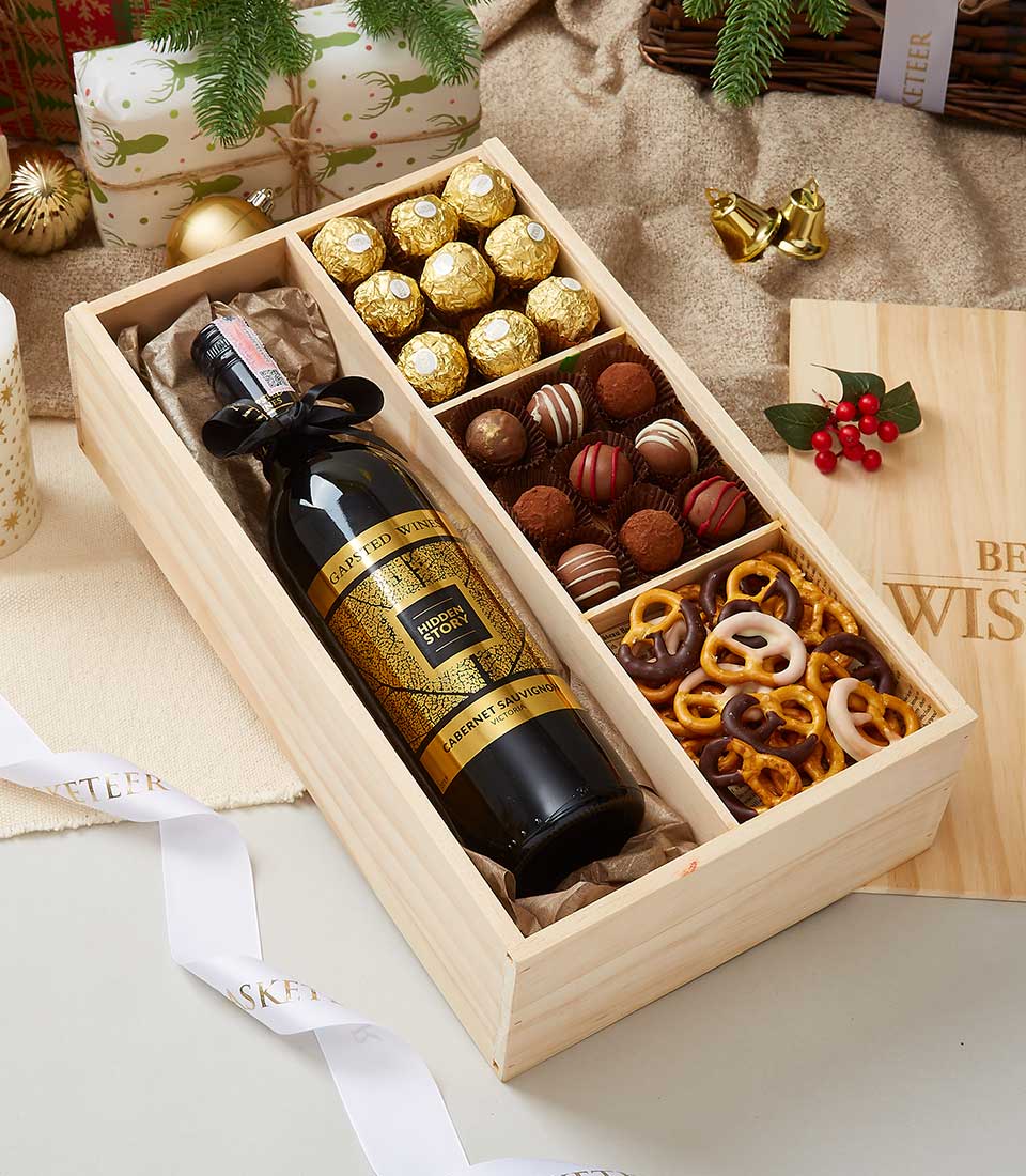 Hidden Story Cabernet Sauvignon 2019 Wine and Chocolate In Wooden Box