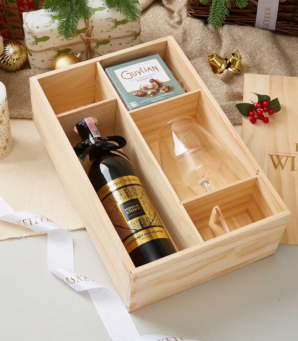 Hidden Story Cabernet Sauvignon 2019 Wine With Glass & Chocolate In Wooden Box