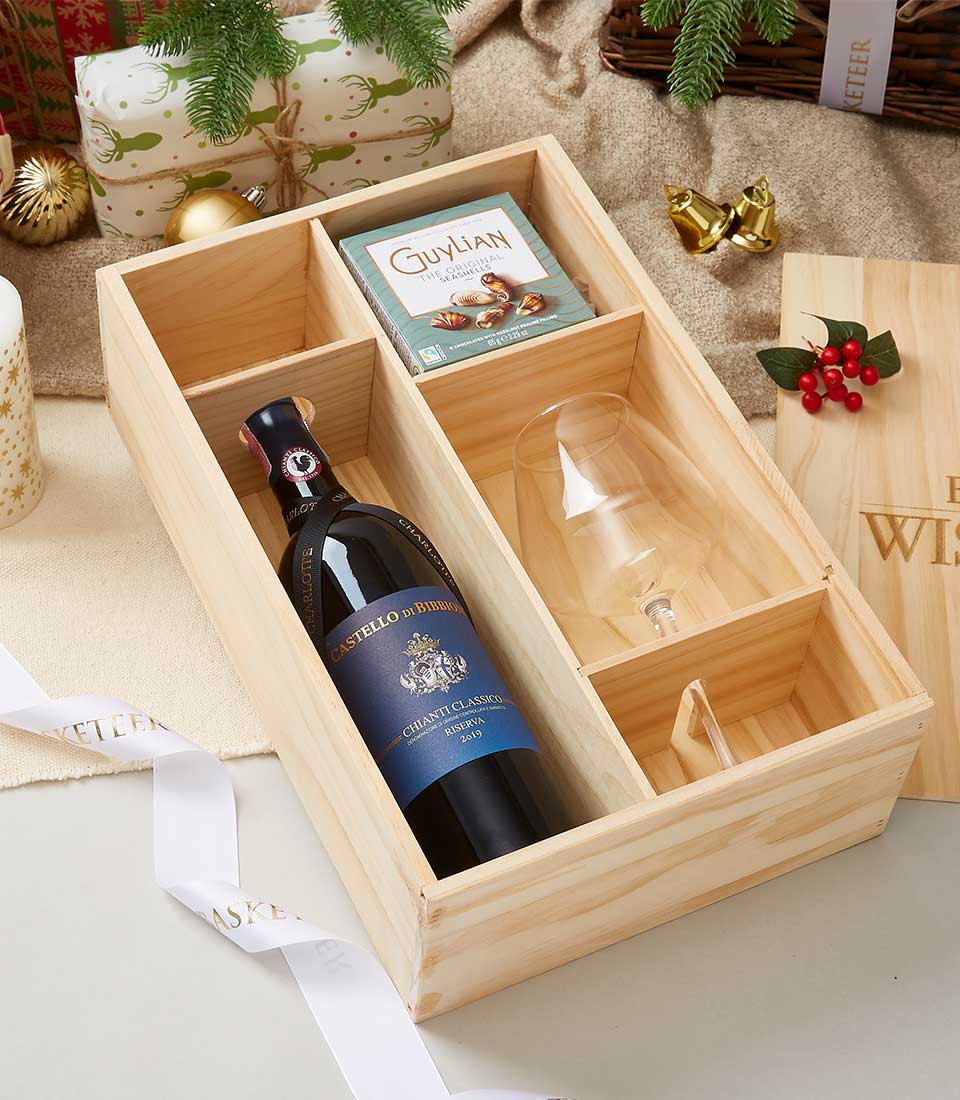 Castello Di Bibbione Riserva 2019 Wine With Glass & Chocolate In Wooden Box