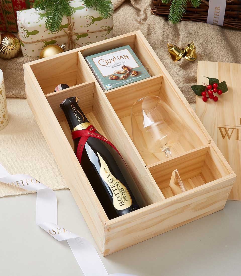 Bottega Prosecco Doc Brut Wine With Glass & Chocolate In Wooden Box