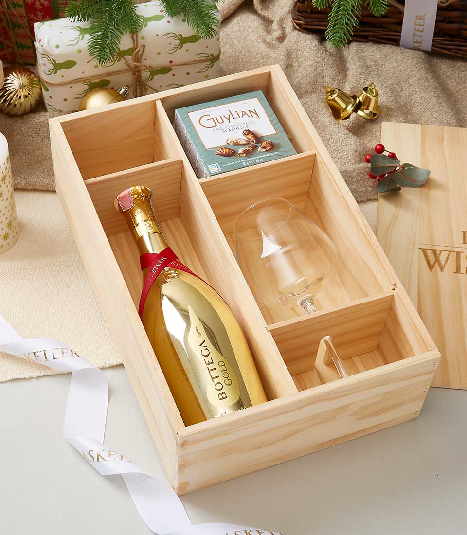 Bottega Prosecco Gold Brut Wine With Glass & Chocolate In Wooden Box