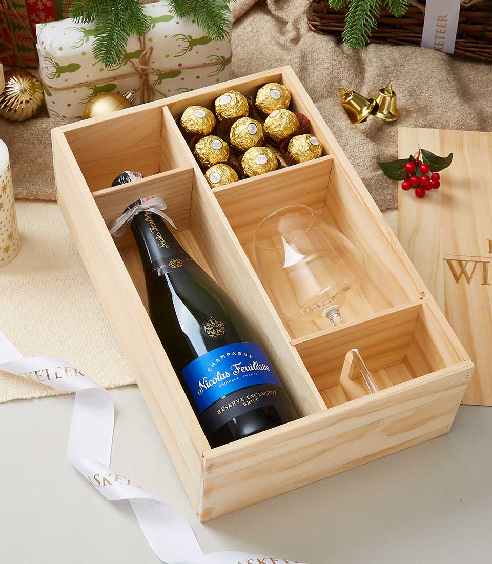 Nicolas Feuillatte Champagne Brut Wine With Glass & Chocolate In Wooden Box