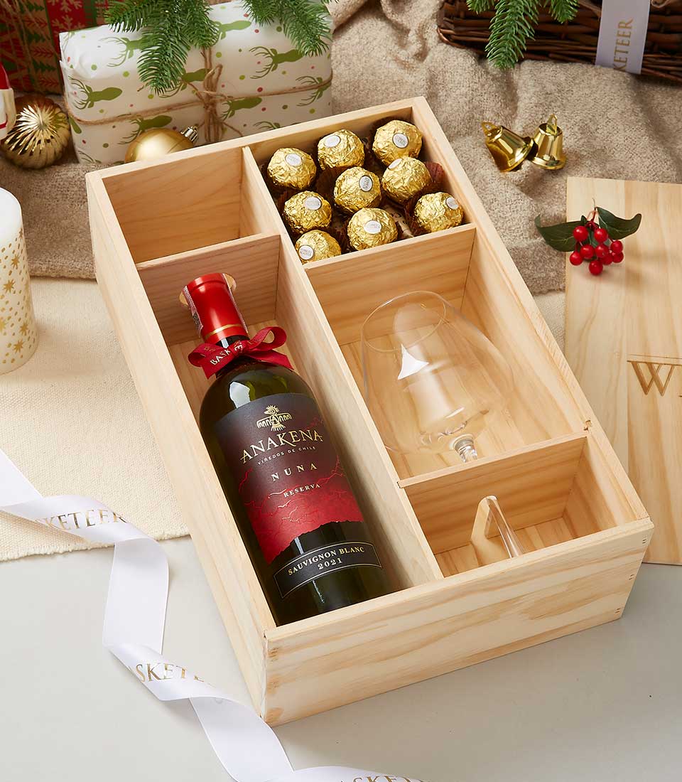 Anakena Chile Merlot Wine With Glass & Chocolate In Wooden Box