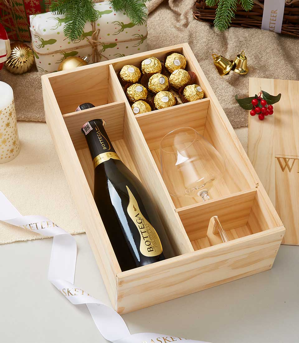 Bottega Prosecco Doc Brut Wine With Glass & Chocolate In Wooden Box