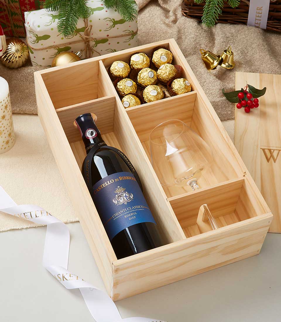 Castello Di Bibbione Riserva 2019 Wine With Glass & Chocolate In Wooden Box