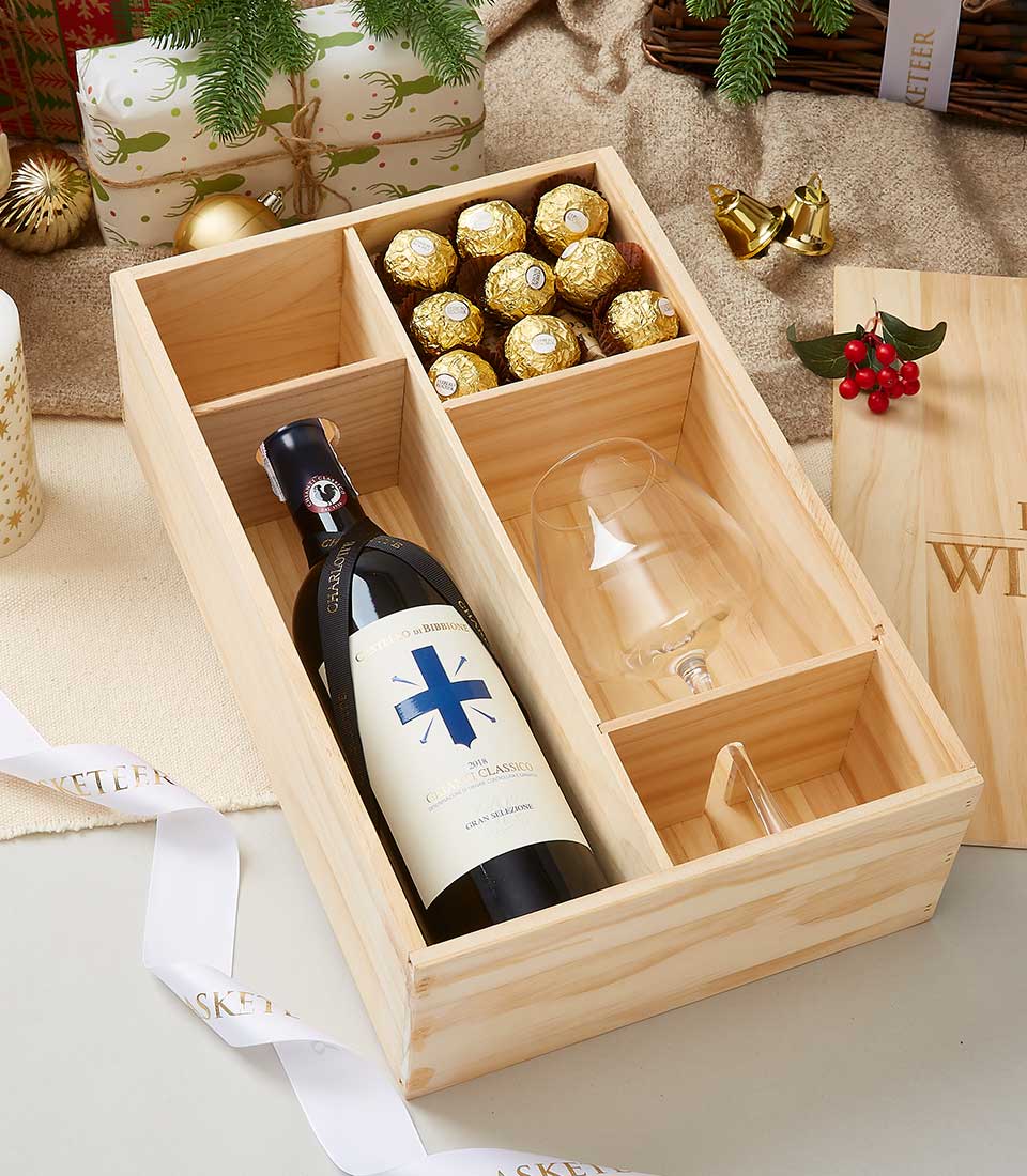 Castello Di Bibbione Gran Selezione 2018 Wine With Glass & Chocolate In Wooden Box