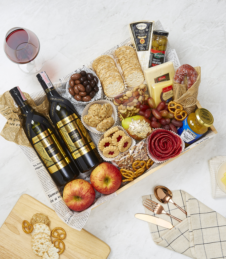 Double Wine With Cheese, Fruits and Snacks Gift Box Set