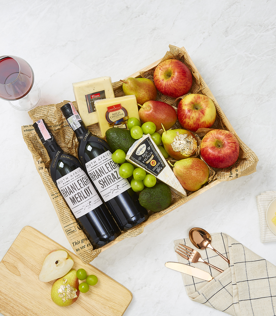 Double Wine With Cheese and Fruits Gift Box Set