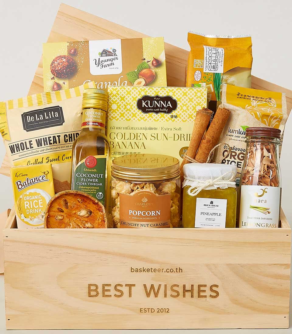 A luxurious wooden gift crate emblazoned with 