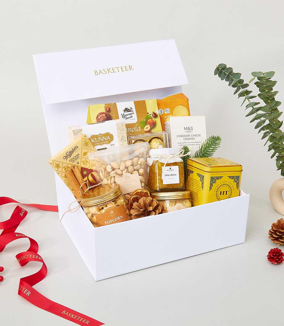 A luxurious white gift box elegantly branded with the 