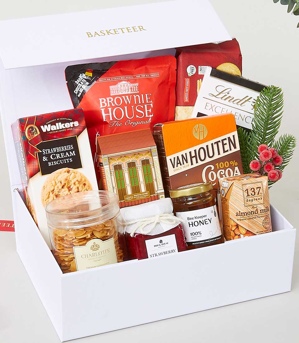 An elegant white gift box adorned with the 