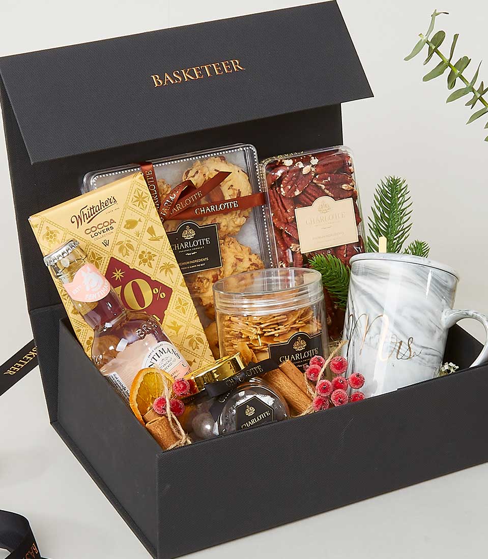 A luxurious black gift box adorned with the elegant 