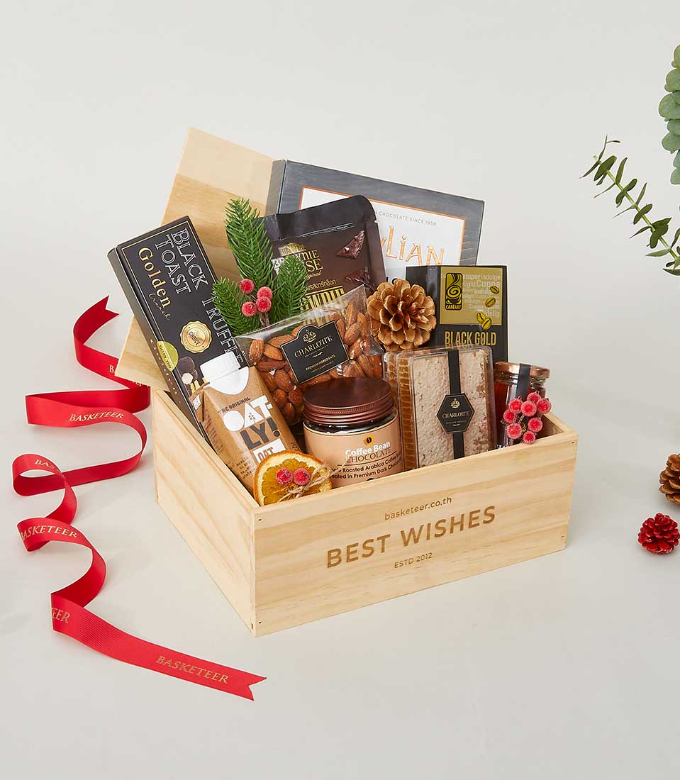 A luxurious Basketeer wood box, elegantly labeled 