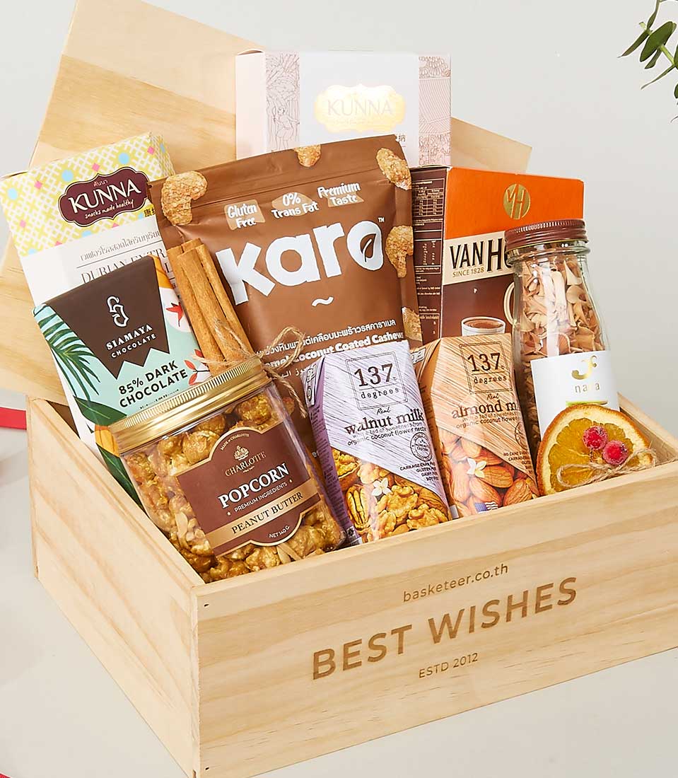 An elegant wooden gift box, emblazoned with 