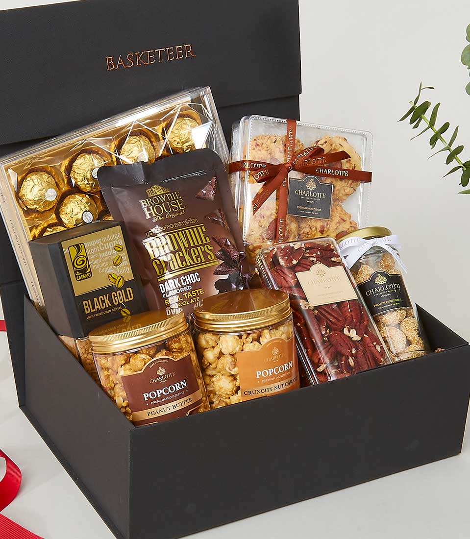 A luxurious black gift basket box, elegantly branded with 