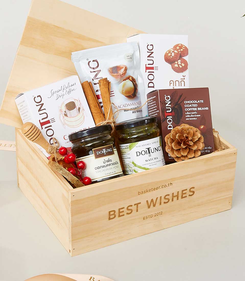 A luxurious wooden gift box, elegantly branded with 