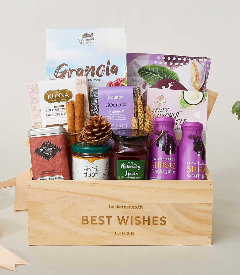 A beautifully crafted wooden gift box adorned with an elegant 