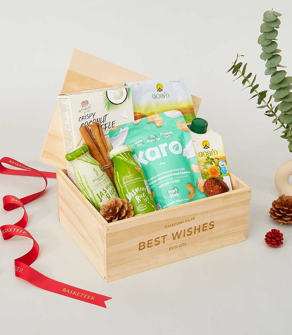 Product Healthy and Wellness in the wooden box and food