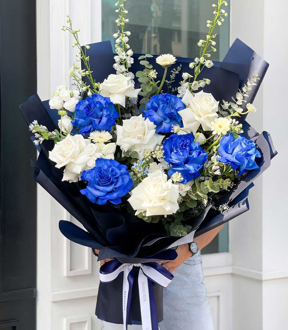 White Roses & Tinted Blue Roses Bouquet