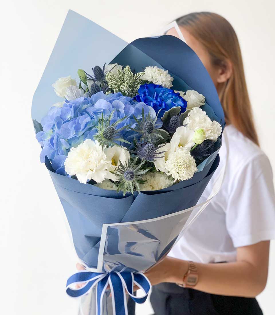 Blue Hydrangeas and White Flowers Bouquet