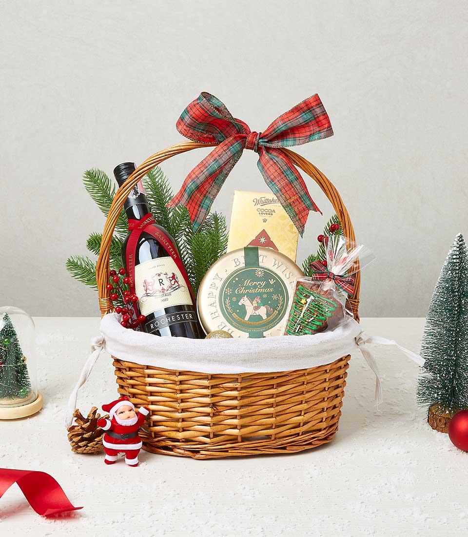 Wine With Sweets Gift In The Basket, Christmas Day