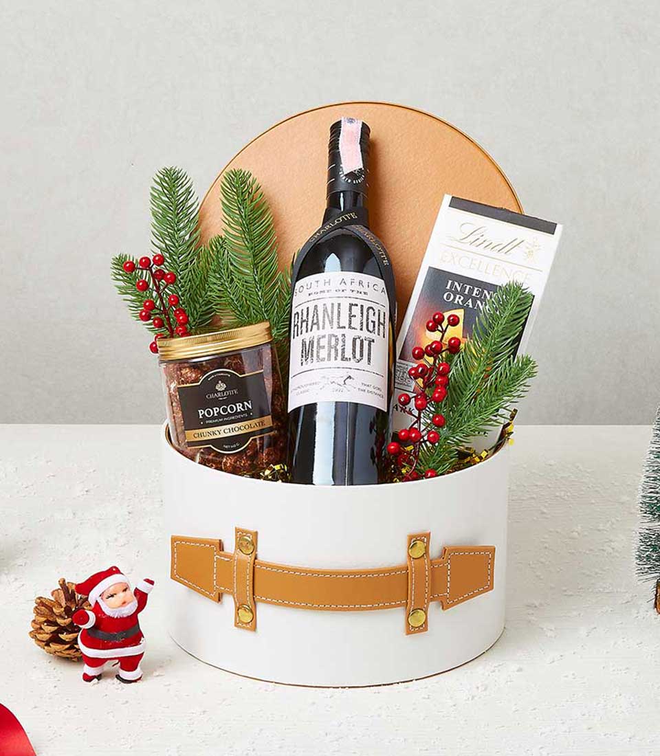 Christmas Wine & Snacks In Leather Box