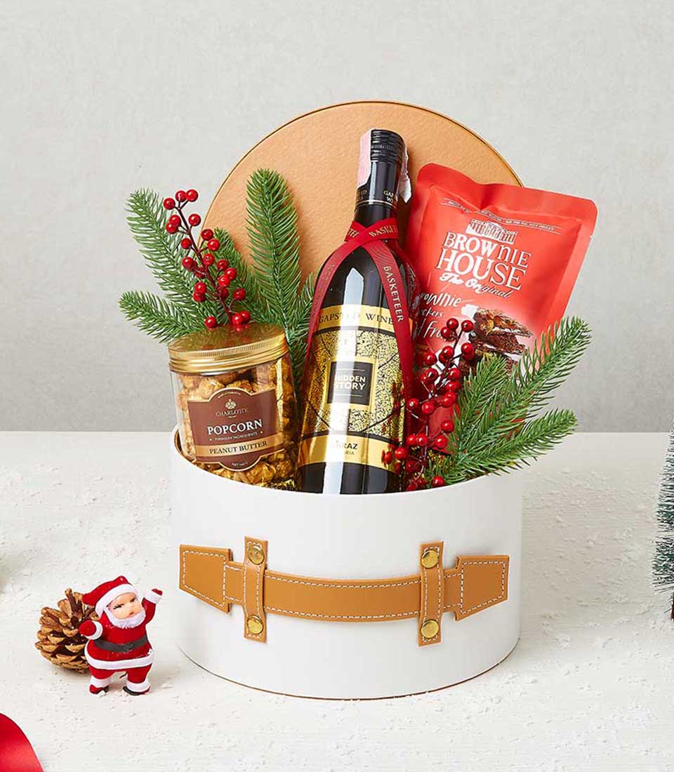 Deluxe Holiday Snacks With Wine Leather Box