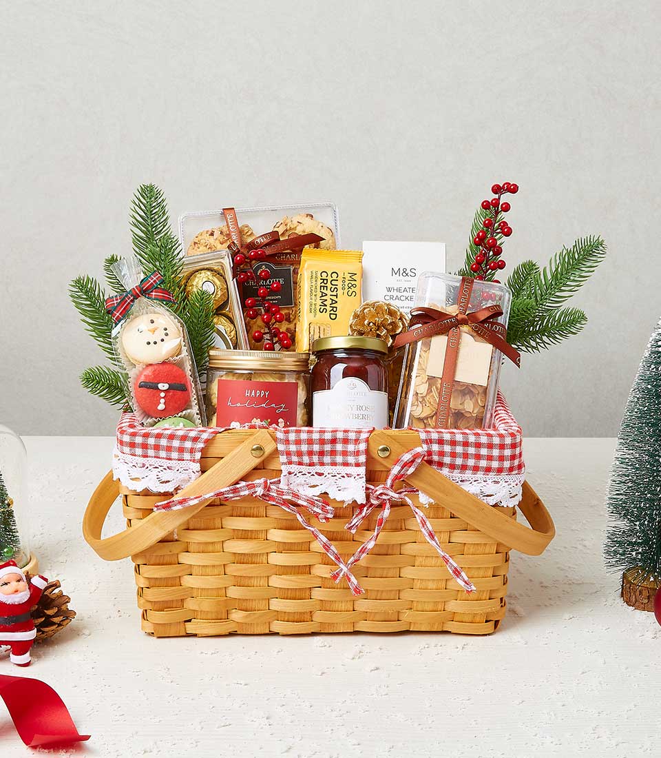 Christmas Delicious Cookies With Snacks And Chocolate Gift In The Basket