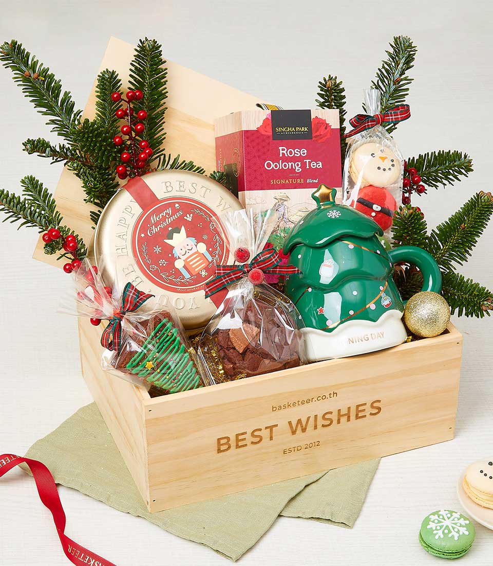 Christmas Delicious Sweets With Snacks and Glass In Wooden Craft