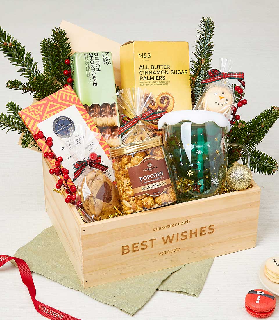 A luxurious wooden gift box from Basketeer, elegantly labeled 