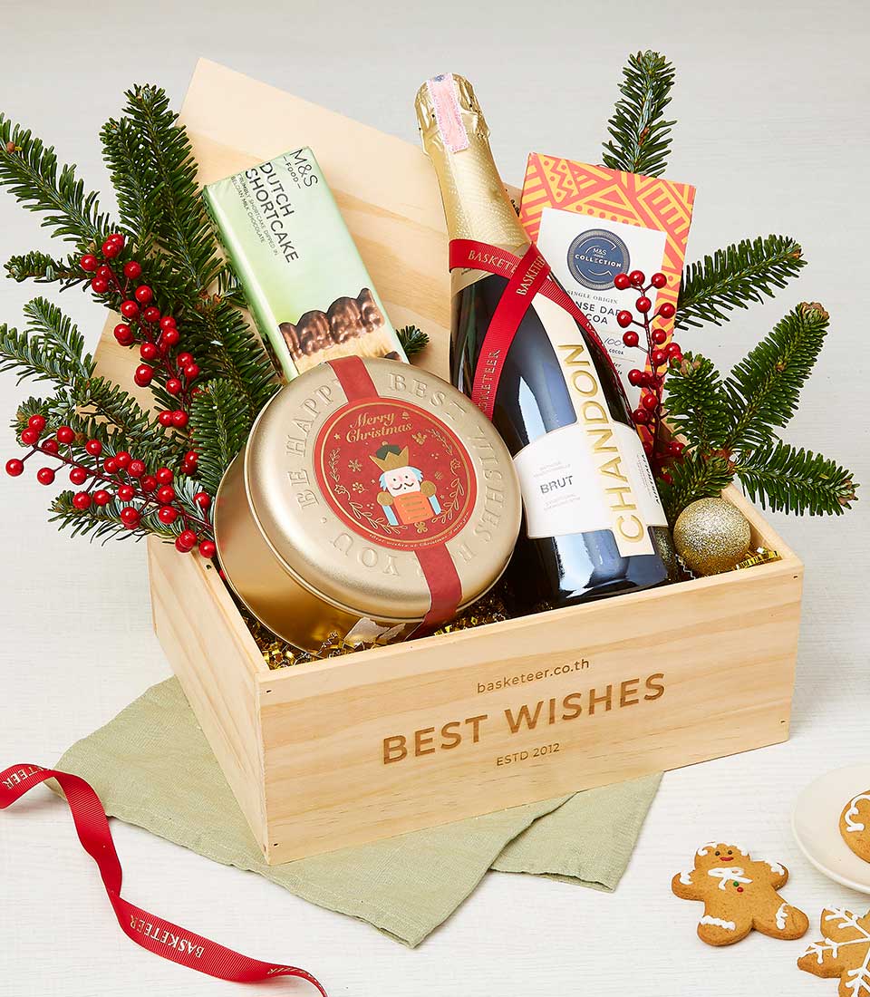 Christmas Delicious Wine With Sweets and Snacks Gift Wooden Box
