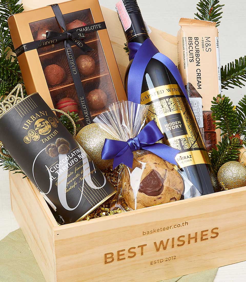 A sumptuous wooden gift box elegantly labeled 