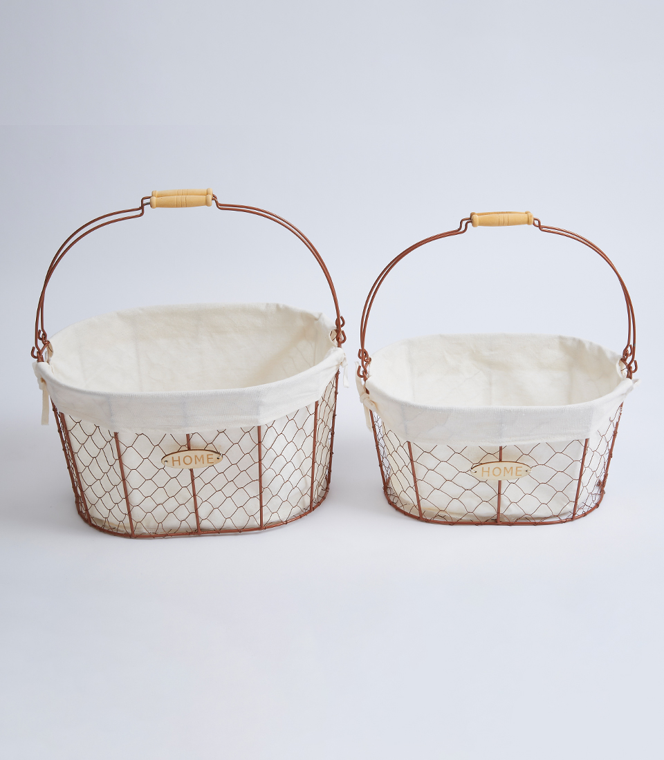 Golden Wrought Iron Basket With Fabric Inside And Handle