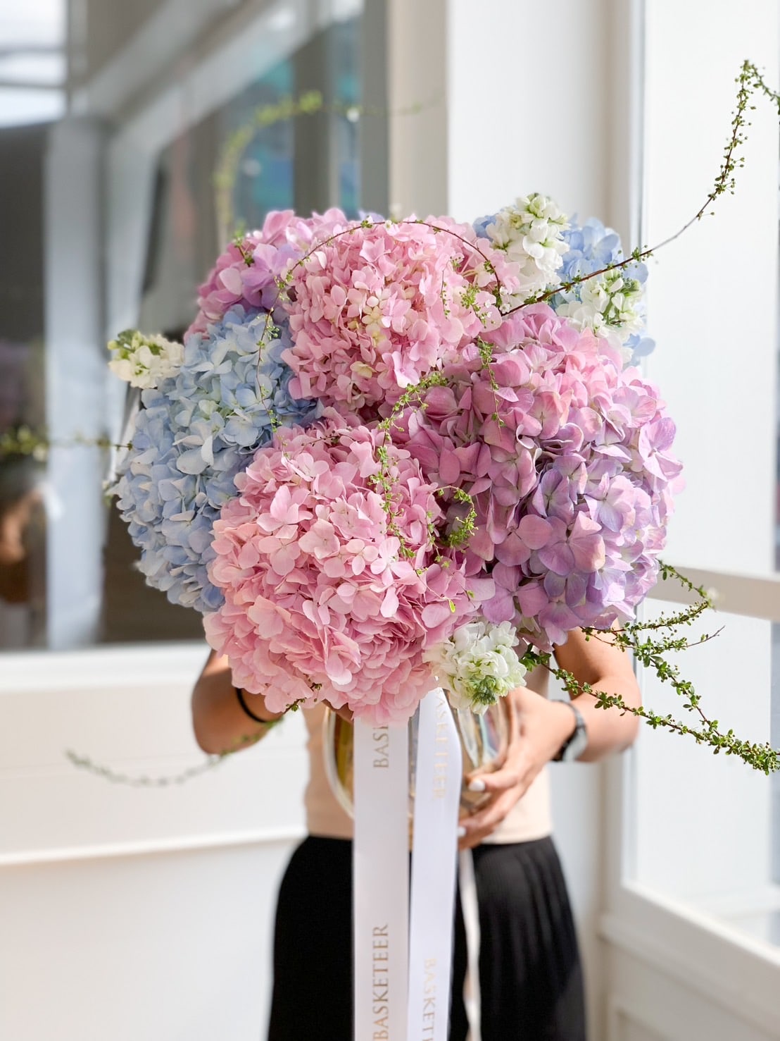 A person is holding a large bouquet of colorful hydrangeas, primarily in shades of pink, purple, and blue. The flowers are arranged with leafy green sprigs and tied with white ribbons that have text on them. The background is a bright indoor space with white walls and windows, adding to the big hydrangea elegance displayed.